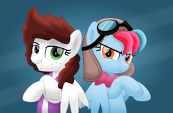 Size: 800x524 | Tagged: safe, artist:jhayarr23, oc, oc only, oc:aurora breeze, oc:graph travel, species:pegasus, species:pony, aviator goggles, aviator hat, back to back, clothing, duo, female, freckles, hat, looking at you, mare, scarf, smiling, vest