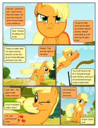 Size: 612x792 | Tagged: safe, artist:newbiespud, edit, edited screencap, screencap, character:applejack, species:earth pony, species:pony, comic:friendship is dragons, comic, dialogue, female, freckles, jumping, looking up, mare, missing accessory, one eye closed, running, screencap comic, smiling, wink