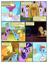 Size: 612x792 | Tagged: safe, artist:newbiespud, edit, edited screencap, screencap, character:applejack, character:eclair créme, character:fine line, character:orion, character:rainbow dash, character:spike, character:star gazer, character:twilight sparkle, character:twilight sparkle (unicorn), species:dragon, species:earth pony, species:pegasus, species:pony, species:unicorn, comic:friendship is dragons, armor, background pony, bound wings, castle, clothing, cloud, comic, dialogue, female, flying, freckles, grin, hat, hot air balloon, looking back, looking up, male, mare, masquerade, medal, moat, raised hoof, riding, rope, saddle bag, screencap comic, smiling, statue, wings