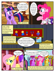 Size: 612x792 | Tagged: safe, artist:newbiespud, edit, edited screencap, screencap, character:berry punch, character:berryshine, character:bon bon, character:carrot top, character:cherry berry, character:fluttershy, character:golden harvest, character:lily, character:lily valley, character:linky, character:pinkie pie, character:rainbow dash, character:rarity, character:shoeshine, character:sweetie drops, character:twilight sparkle, character:twilight sparkle (unicorn), species:earth pony, species:pegasus, species:pony, species:unicorn, comic:friendship is dragons, episode:the last roundup, g4, my little pony: friendship is magic, background pony, background pony audience, book, bookcase, comic, dialogue, eyes closed, female, frown, golden oaks library, grin, mare, medal, screencap comic, smiling, worried