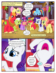 Size: 612x792 | Tagged: safe, artist:newbiespud, edit, edited screencap, screencap, character:apple cobbler, character:big mcintosh, character:fluttershy, character:gala appleby, character:granny smith, character:peachy sweet, character:rainbow dash, character:rarity, character:twilight sparkle, character:twilight sparkle (unicorn), species:pony, species:unicorn, comic:friendship is dragons, episode:the last roundup, g4, my little pony: friendship is magic, apple family member, background pony, balloon, barn, bow, clothing, comic, dialogue, female, filly, glowing horn, hair bow, horn, implied applejack, letter, looking down, magic, male, mare, raised hoof, reading, scarf, screencap comic, stallion, telekinesis, unshorn fetlocks, worried