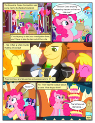 Size: 612x792 | Tagged: safe, artist:newbiespud, edit, edited screencap, screencap, character:carrot top, character:cherry berry, character:donut joe, character:fluttershy, character:golden harvest, character:mayor mare, character:pinkie pie, character:rainbow dash, character:rarity, character:twilight sparkle, character:twilight sparkle (unicorn), species:earth pony, species:pegasus, species:pony, species:unicorn, comic:friendship is dragons, episode:the last roundup, g4, my little pony: friendship is magic, background pony, bag, balloon, barn, bow tie, cake, candy, clothing, comic, dialogue, eyes closed, female, flying, food, grin, hoof hold, male, mare, milkshake, pitchfork, raised hoof, saddle bag, salute, screencap comic, smiling, stallion, suit, unshorn fetlocks