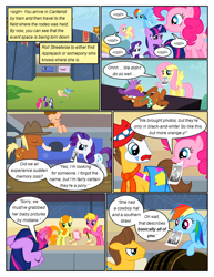 Size: 612x792 | Tagged: safe, artist:newbiespud, edit, edited screencap, screencap, character:applejack, character:caramel, character:carrot top, character:cherry berry, character:fluttershy, character:golden harvest, character:meadow song, character:pinkie pie, character:rainbow dash, character:rarity, character:twilight sparkle, character:twilight sparkle (unicorn), species:earth pony, species:pegasus, species:pony, species:unicorn, comic:friendship is dragons, episode:the last roundup, g4, my little pony: friendship is magic, angry, annoyed, background pony, barrel, broom, clothing, clown, comic, dialogue, eyes closed, female, frown, glowing horn, hat, helmet, hoof hold, horn, horned helmet, magic, male, mane six, mare, mouth hold, necktie, on back, photo, screencap comic, stadium, stallion, telekinesis, viking helmet, wildwood flower