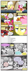 Size: 612x1552 | Tagged: safe, artist:newbiespud, edit, edited screencap, screencap, character:fluttershy, character:pinkie pie, species:earth pony, species:human, species:pegasus, species:pony, comic:friendship is dragons, episode:the last roundup, g4, my little pony: friendship is magic, annoyed, chef's hat, cherry, chocolate, clothing, comic, conveyor belt, crossover, dialogue, eating, female, food, hat, hoof hold, i love lucy, mare, panic, panicking, saddle bag, screencap comic, unamused, worried, youtube