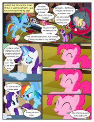 Size: 612x792 | Tagged: safe, artist:newbiespud, edit, edited screencap, screencap, character:pinkie pie, character:rainbow dash, character:rarity, character:twilight sparkle, character:twilight sparkle (unicorn), species:pony, species:unicorn, comic:friendship is dragons, episode:the last roundup, g4, my little pony: friendship is magic, broom, cherry, cleaning, cloth, comic, conveyor belt, dialogue, eyes closed, female, flying, food, glowing horn, hamster wheel, hoof hold, horn, looking up, magic, mare, messy, screencap comic, smiling, telekinesis
