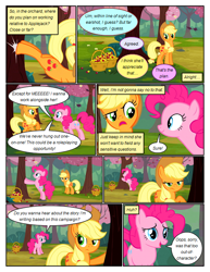 Size: 612x792 | Tagged: safe, artist:newbiespud, edit, edited screencap, screencap, character:applejack, character:pinkie pie, species:pony, comic:friendship is dragons, episode:the last roundup, g4, my little pony: friendship is magic, annoyed, basket, bucking, cherry, clothing, comic, dialogue, female, food, freckles, frown, hat, implied fluttershy, implied rainbow dash, implied rarity, implied twilight sparkle, mare, raised hoof, screencap comic, shaking, smiling, tree