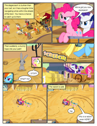 Size: 612x792 | Tagged: safe, artist:newbiespud, edit, edited screencap, screencap, character:applejack, character:dinky hooves, character:fluttershy, character:john bull, character:pinkie pie, character:promontory, character:rainbow dash, character:rarity, character:twilight sparkle, character:twilight sparkle (unicorn), species:earth pony, species:pegasus, species:pony, species:rabbit, species:unicorn, comic:friendship is dragons, episode:the last roundup, g4, my little pony: friendship is magic, angry, animal, background pony, belle star, blank flank, building, caboose, carriage, clothing, comic, cowboy hat, desert, dialogue, evening star, eyes closed, female, filly, foal, gritted teeth, hat, hay bale, hooves, horn, male, mane six, mare, onomatopoeia, open mouth, running, saddle bag, screencap comic, shocked, stallion, stetson, top hat, unshorn fetlocks