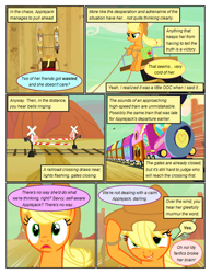 Size: 612x792 | Tagged: safe, artist:newbiespud, edit, edited screencap, screencap, species:earth pony, species:pony, comic:friendship is dragons, episode:the last roundup, g4, my little pony: friendship is magic, background pony, carriage, clothing, comic, desert, dialogue, female, freckles, grin, harness, hat, implied fluttershy, implied pinkie pie, implied rainbow dash, implied rarity, implied twilight sparkle, male, mare, screencap comic, sitting, smiling, stallion, tack, train, train tracks, worried