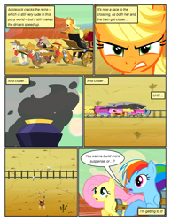 Size: 612x792 | Tagged: safe, artist:newbiespud, edit, edited screencap, screencap, character:applejack, character:fluttershy, character:rainbow dash, species:earth pony, species:pegasus, species:pony, comic:friendship is dragons, episode:the last roundup, g4, my little pony: friendship is magic, background pony, carriage, clothing, comic, cowboy hat, desert, dialogue, female, gritted teeth, harness, hat, male, mare, running, screencap comic, sitting, smoke, stallion, stetson, tack, train, train tracks, unshorn fetlocks, worried