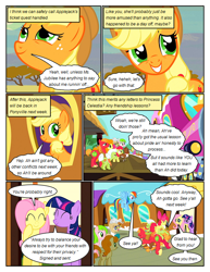 Size: 612x792 | Tagged: safe, artist:newbiespud, edit, edited screencap, screencap, character:apple bloom, character:applejack, character:big mcintosh, character:carrot top, character:fluttershy, character:golden harvest, character:granny smith, character:mayor mare, character:rainbow dash, character:twilight sparkle, character:twilight sparkle (unicorn), character:winona, species:dog, species:earth pony, species:pegasus, species:pony, species:unicorn, comic:friendship is dragons, episode:the last roundup, g4, my little pony: friendship is magic, background pony, clothing, comic, desert, dialogue, eyes closed, female, filly, freckles, grin, hat, looking up, male, mare, scarf, screencap comic, smiling, stallion, tongue out, train, unshorn fetlocks, yoke