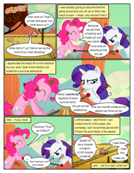 Size: 612x792 | Tagged: safe, artist:newbiespud, edit, edited screencap, screencap, character:pinkie pie, character:rarity, species:earth pony, species:pony, species:unicorn, comic:friendship is dragons, episode:the last roundup, g4, my little pony: friendship is magic, annoyed, cactus, comic, desert, dialogue, eyes closed, female, frown, gritted teeth, hooves, horn, injured, mare, messy mane, onomatopoeia, screencap comic, smiling, train tracks