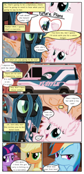 Size: 720x1470 | Tagged: safe, artist:missfinefeather, artist:newbiespud, edit, edited screencap, screencap, character:applejack, character:queen chrysalis, character:rainbow dash, character:twilight sparkle, character:twilight sparkle (unicorn), oc, oc:fluffle puff, species:changeling, species:earth pony, species:pegasus, species:pony, species:unicorn, comic:friendship is dragons, ..., annoyed, changeling queen, collaboration, comic, dialogue, duckface, dungeons and dragons, female, frown, mare, mouth hold, pen and paper rpg, rpg, screencap comic, van