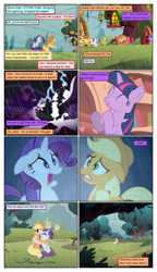 Size: 612x1061 | Tagged: safe, artist:newbiespud, artist:winged cat, edit, edited screencap, screencap, character:rarity, character:twilight sparkle, character:twilight sparkle (unicorn), species:earth pony, species:pony, species:unicorn, comic:friendship is dragons, episode:look before you sleep, g4, my little pony: friendship is magic, clapping, clothing, collaboration, comic, dialogue, eyes closed, female, floppy ears, freckles, golden oaks library, gritted teeth, hat, hooves, horn, hug, implied fluttershy, implied pinkie pie, implied rainbow dash, lightning, mare, open mouth, rain, running, scared, screencap comic, sitting, smiling, storm, tree