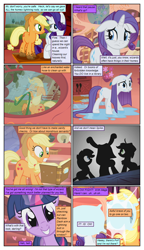 Size: 612x1061 | Tagged: safe, artist:newbiespud, artist:winged cat, edit, edited screencap, screencap, character:applejack, character:rarity, character:twilight sparkle, character:twilight sparkle (unicorn), species:earth pony, species:pony, species:unicorn, comic:friendship is dragons, annoyed, book, bookcase, clothing, collaboration, comic, dialogue, eyes closed, golden oaks library, grin, hat, hose, implied rainbow dash, ladder, looking at each other, mouth hold, mud, offscreen character, pillow, pillow fight, rain, screencap comic, smiling, wet, wet mane, wet mane rarity, worried