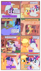 Size: 612x1061 | Tagged: safe, artist:newbiespud, artist:winged cat, edit, edited screencap, screencap, character:rarity, species:earth pony, species:pony, species:unicorn, comic:friendship is dragons, ..., alternate hairstyle, bed, book, bookcase, collaboration, comic, covering ears, dialogue, eyes closed, female, freckles, golden oaks library, hair curlers, hanging, implied fluttershy, implied rainbow dash, mare, mouth hold, music notes, on back, pillow, pillow fight, ponyloaf, prone, rope, screencap comic, singing, smiling, wide eyes