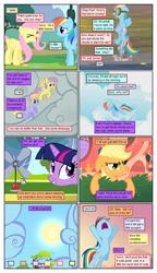 Size: 612x1061 | Tagged: safe, artist:newbiespud, artist:winged cat, edit, edited screencap, screencap, character:applejack, character:cloud kicker, character:fluttershy, character:parasol, character:rainbow dash, character:twilight sparkle, character:twilight sparkle (unicorn), species:pony, species:unicorn, comic:friendship is dragons, episode:hurricane fluttershy, g4, my little pony: friendship is magic, ..., anemometer, angry, background pony, bush, cloud, collaboration, comic, dialogue, female, flying, freckles, goggles, grin, hiding, implied pinkie pie, looking up, mare, open mouth, pun, screencap comic, smiling, sun