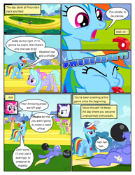 Size: 612x792 | Tagged: safe, artist:newbiespud, edit, edited screencap, screencap, character:cloud kicker, character:dizzy twister, character:flitter, character:merry may, character:orange swirl, character:parasol, character:pinkie pie, character:rainbow dash, character:rarity, character:thunderlane, species:pegasus, species:pony, species:unicorn, comic:friendship is dragons, episode:hurricane fluttershy, g4, my little pony: friendship is magic, angry, annoyed, background pony, barbell, baseball cap, blowing whistle, bluebell, cap, clothing, comic, dialogue, eyes closed, female, flying, grin, hat, male, mare, on back, onomatopoeia, screencap comic, smiling, stallion, weight lifting, whistle, wing hands, wings