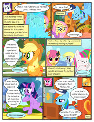 Size: 612x792 | Tagged: safe, artist:newbiespud, edit, edited screencap, screencap, character:applejack, character:blossomforth, character:derpy hooves, character:dizzy twister, character:fluttershy, character:orange swirl, character:pinkie pie, character:rainbow dash, character:rarity, character:sunshower raindrops, character:twilight sparkle, character:twilight sparkle (unicorn), species:earth pony, species:pegasus, species:pony, species:unicorn, comic:friendship is dragons, episode:hurricane fluttershy, g4, my little pony: friendship is magic, anemometer, apple, background pony, baseball cap, bathrobe, bucket, cap, clothing, comic, coughing, dialogue, eyes closed, feather, feather flu, flying, food, freckles, frown, grin, hat, looking up, mane six, molting, pony pox, robe, sad, screencap comic, sick, sitting, smiling, tree, wet, whistle, worried