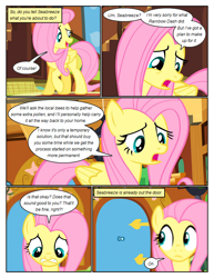 Size: 612x792 | Tagged: safe, artist:newbiespud, edit, edited screencap, screencap, character:fluttershy, species:pegasus, species:pony, comic:friendship is dragons, book, bookcase, comic, concerned, dialogue, door, female, fluttershy's cottage (interior), frown, looking down, mare, screencap comic, worried