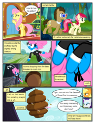 Size: 612x792 | Tagged: safe, artist:newbiespud, edit, edited screencap, screencap, character:applejack, character:doctor whooves, character:fluttershy, character:rainbow dash, character:rarity, character:roseluck, character:seabreeze, character:time turner, species:breezies, species:earth pony, species:pegasus, species:pony, species:unicorn, comic:friendship is dragons, 3d glasses, acorn, background pony, bee, beehive, clothing, comic, dialogue, female, flying, freckles, hat, looking up, male, mare, peephole, screencap comic, speech bubble, stallion