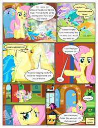 Size: 612x792 | Tagged: safe, artist:newbiespud, edit, edited screencap, screencap, character:applejack, character:fluttershy, character:seabreeze, species:breezies, species:earth pony, species:pegasus, species:pony, comic:friendship is dragons, clothing, comic, dialogue, female, fluttershy's cottage (interior), flying, glare, looking down, looking up, male, mare, pointing, sad, screencap comic, sneezing