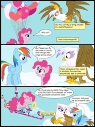 Size: 600x800 | Tagged: safe, artist:dusk raven, artist:newbiespud, edit, edited screencap, screencap, character:gilda, character:pinkie pie, character:rainbow dash, species:griffon, species:pony, comic:friendship is dragons, balloon, cloud, collaboration, comic, dialogue, eyes closed, female, floating, flying, frown, gyrocopter, looking down, looking up, mare, on a cloud, screencap comic, smiling, then watch her balloons lift her up to the sky