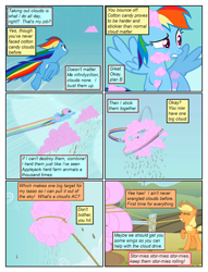 Size: 612x802 | Tagged: safe, artist:newbiespud, artist:winged cat, edit, edited screencap, screencap, character:applejack, character:rainbow dash, species:earth pony, species:pegasus, species:pony, comic:friendship is dragons, episode:the return of harmony, g4, my little pony: friendship is magic, chocolate, chocolate rain, clothing, cloud, collaboration, comic, cotton candy, dialogue, female, flying, food, freckles, hat, implied pinkie pie, lasso, looking up, mare, mouth hold, rain, raised hoof, rope, screencap comic