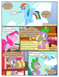 Size: 612x792 | Tagged: safe, artist:newbiespud, edit, edited screencap, screencap, character:pinkie pie, character:rainbow dash, character:spike, species:dragon, species:earth pony, species:pegasus, species:pony, comic:friendship is dragons, episode:griffon the brush-off, g4, my little pony: friendship is magic, cloud, comic, dialogue, female, grin, looking down, looking up, male, mare, on a cloud, screencap comic, scroll, slit eyes, smiling