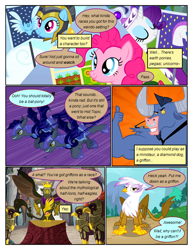 Size: 612x792 | Tagged: safe, artist:newbiespud, edit, edited screencap, screencap, character:gilda, character:iron will, character:pinkie pie, character:rainbow dash, character:rarity, species:bat pony, species:earth pony, species:griffon, species:minotaur, species:pegasus, species:pony, species:unicorn, comic:friendship is dragons, episode:griffon the brush-off, episode:the lost treasure of griffonstone, g4, my little pony: friendship is magic, armor, comic, commander hurricane, crown, dialogue, echo (bat pony), echo and nocturn, female, flying, grin, helmet, hoof shoes, jewelry, king grover, male, mare, night guard, nocturn, nose piercing, nose ring, piercing, princess platinum, regalia, screencap comic, slit eyes, smiling, speech bubble, thumbs up