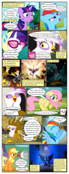 Size: 612x1553 | Tagged: safe, artist:newbiespud, edit, edited screencap, screencap, character:applejack, character:fluttershy, character:gilda, character:nightmare moon, character:princess luna, character:rainbow dash, character:rarity, character:twilight sparkle, character:twilight sparkle (unicorn), species:earth pony, species:pegasus, species:pony, species:unicorn, comic:friendship is dragons, episode:griffon the brush-off, episode:the lost treasure of griffonstone, g4, my little pony: friendship is magic, annoyed, castle, clothing, comic, crown, dialogue, eclipse, ethereal mane, female, flying, freckles, full moon, galaxy mane, glasses, hat, headscarf, hoof shoes, jewelry, king grover, laughing, male, mare, megaphone, messy mane, moon, raised hoof, regalia, scarf, screencap comic, smiling, solar eclipse, speech bubble, spread wings, sunglasses, tree, wings