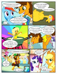 Size: 612x792 | Tagged: safe, artist:newbiespud, edit, edited screencap, screencap, character:applejack, character:aquamarine, character:boneless, character:carrot top, character:cheese sandwich, character:cherry cola, character:dizzy twister, character:doctor whooves, character:golden harvest, character:linky, character:lyra heartstrings, character:minuette, character:orange swirl, character:pinkie pie, character:rainbow dash, character:rarity, character:roseluck, character:shoeshine, character:time turner, species:earth pony, species:pegasus, species:pony, species:unicorn, comic:friendship is dragons, episode:pinkie pride, g4, my little pony: friendship is magic, accordion, background pony, background pony audience, bucking, cheese, clothing, comic, dialogue, eyes closed, female, filly, fondue, food, freckles, grin, hat, looking up, male, mare, musical instrument, rubber chicken, screencap comic, singing, smiling, stallion, sunburst background