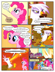 Size: 612x792 | Tagged: safe, artist:newbiespud, edit, edited screencap, screencap, character:gilda, character:pinkie pie, character:rainbow dash, character:spike, character:twilight sparkle, character:twilight sparkle (unicorn), species:dragon, species:earth pony, species:griffon, species:pony, species:unicorn, comic:friendship is dragons, episode:griffon the brush-off, g4, my little pony: friendship is magic, angry, background pony, comic, concerned, dialogue, female, fire, fire breath, food, male, mare, marshmallow, mouth hold, onomatopoeia, screaming, screencap comic