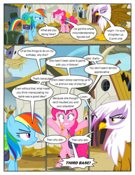 Size: 612x792 | Tagged: safe, artist:newbiespud, edit, edited screencap, screencap, character:gilda, character:pinkie pie, character:rainbow dash, species:earth pony, species:pegasus, species:pony, comic:friendship is dragons, episode:the lost treasure of griffonstone, g4, my little pony: friendship is magic, backpack, bipedal, building, comic, dialogue, eyes closed, female, frown, grin, mare, raised hoof, saddle bag, screencap comic, sleeping bag, smiling, speech bubble
