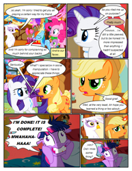 Size: 612x792 | Tagged: safe, artist:newbiespud, edit, edited screencap, screencap, character:applejack, character:gilda, character:pinkie pie, character:rainbow dash, character:rarity, character:spike, character:twilight sparkle, character:twilight sparkle (unicorn), species:dragon, species:earth pony, species:griffon, species:pegasus, species:pony, species:unicorn, comic:friendship is dragons, episode:griffon the brush-off, episode:lesson zero, g4, my little pony: friendship is magic, balloon, bed, clothing, comic, confused, dialogue, evil laugh, female, freckles, frown, hat, laughing, male, mare, screencap comic, slit eyes, sugarcube corner, twilight snapple, wide eyes
