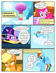 Size: 612x792 | Tagged: safe, artist:newbiespud, edit, edited screencap, screencap, character:applejack, character:pinkie pie, character:rainbow dash, character:spike, character:twilight sparkle, character:twilight sparkle (unicorn), species:dragon, species:earth pony, species:pegasus, species:pony, species:unicorn, comic:friendship is dragons, annoyed, arm behind head, book, candy, canterlot, clothing, cloud, comic, dialogue, female, flying, food, grin, hat, hot air balloon, male, mare, on a cloud, on back, reading, relaxing, screencap comic, sigh, smiling, sun