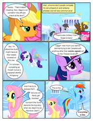 Size: 612x792 | Tagged: safe, artist:newbiespud, edit, edited screencap, screencap, character:applejack, character:fluttershy, character:pinkie pie, character:rainbow dash, character:rarity, character:sunshower raindrops, character:twilight sparkle, character:twilight sparkle (unicorn), species:earth pony, species:pegasus, species:pony, species:unicorn, comic:friendship is dragons, artificial wings, augmented, background pony, clothing, cloudsdale, comic, dialogue, female, flying, freckles, hat, looking down, looking up, magic, magic wings, male, mane six, mare, screencap comic, stallion, wings, worried