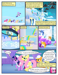Size: 612x792 | Tagged: safe, artist:newbiespud, edit, edited screencap, screencap, character:applejack, character:blues, character:fluttershy, character:noteworthy, character:parasol, character:pinkie pie, character:rainbow dash, character:rarity, character:sunshower raindrops, character:twilight sparkle, character:twilight sparkle (unicorn), species:earth pony, species:pegasus, species:pony, species:unicorn, comic:friendship is dragons, episode:sonic rainboom, g4, my little pony: friendship is magic, background pony, clothing, cloud, cloud break, cloudsdale, comic, dialogue, female, flying, freckles, frown, hard hat, hat, lightning, looking up, magnifying glass, male, mane six, mare, rainbow, raised hoof, screencap comic, snow, snowflake, stallion, thorn (character), warm front, weather factory uniform