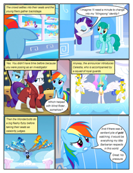 Size: 612x792 | Tagged: safe, artist:newbiespud, edit, edited screencap, screencap, character:applejack, character:fluttershy, character:misty fly, character:pinkie pie, character:princess celestia, character:rainbow dash, character:rarity, character:soarin', character:spitfire, character:spring melody, character:sprinkle medley, character:twilight sparkle, character:twilight sparkle (unicorn), character:wind rider, species:alicorn, species:earth pony, species:pegasus, species:pony, species:unicorn, comic:friendship is dragons, episode:rarity investigates, g4, my little pony: friendship is magic, background pony audience, clothing, cloud, comic, d:, dialogue, female, flying, goggles, grin, male, mane six, mare, on a cloud, open mouth, raised hoof, royal guard, screencap comic, sitting on a cloud, smiling, stallion, surprised, uniform, wonderbolts, wonderbolts uniform, worried