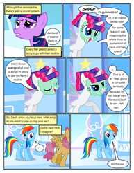 Size: 612x792 | Tagged: safe, artist:newbiespud, edit, edited screencap, screencap, character:dizzy twister, character:orange swirl, character:rainbow dash, character:rarity, character:twilight sparkle, character:twilight sparkle (unicorn), species:pegasus, species:pony, species:unicorn, comic:friendship is dragons, episode:sonic rainboom, g4, my little pony: friendship is magic, alternate hairstyle, artificial wings, augmented, background pony, comic, dialogue, eyes closed, female, looking up, magic, magic wings, mare, screencap comic, smiling, wings