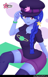 Size: 783x1244 | Tagged: safe, artist:clouddg, g4, my little pony: equestria girls, my little pony:equestria girls, big breasts, breasts, busty frankle, busty space camp, cap, clothing, female, hat, looking at you, not luna, shorts, signature, smiling, socks, solo, space camp (character), thigh highs, wide hips, zettai ryouiki