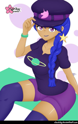 Size: 783x1244 | Tagged: safe, alternate version, artist:clouddg, species:human, g4, my little pony: equestria girls, my little pony:equestria girls, spoiler:eqg series (season 2), big breasts, breasts, busty frankle, busty space camp, cap, clothing, female, hat, human coloration, looking at you, shorts, signature, smiling, socks, solo, space camp (character), thigh highs, thighs, wide hips, zettai ryouiki