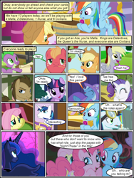 Size: 600x800 | Tagged: safe, artist:dragontrainer13, artist:newbiespud, edit, edited screencap, screencap, character:applejack, character:big mcintosh, character:derpy hooves, character:doctor whooves, character:fluttershy, character:pinkie pie, character:princess luna, character:rainbow dash, character:rarity, character:shining armor, character:soarin', character:spike, character:time turner, character:trixie, character:twilight sparkle, character:twilight sparkle (unicorn), species:alicorn, species:dragon, species:earth pony, species:pegasus, species:pony, species:unicorn, comic:friendship is dragons, apple, background pony, book, bookcase, bow tie, bucket, clothing, collaboration, comic, dialogue, ethereal mane, eyes closed, female, flying, food, galaxy mane, grin, hat, hoof hold, laughing, looking up, male, mane seven, mane six, mare, open mouth, screencap comic, scroll, slit eyes, smiling, stallion, straw in mouth, thinking, tree, unamused, worried