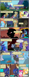 Size: 600x1592 | Tagged: safe, artist:dragontrainer13, artist:newbiespud, edit, edited screencap, screencap, character:applejack, character:pinkie pie, character:princess cadance, character:princess luna, character:rainbow dash, character:rarity, species:alicorn, species:earth pony, species:pony, species:unicorn, comic:friendship is dragons, annoyed, apple, bed, cloak, clothing, cloud, collaboration, comic, dialogue, ethereal mane, eyes closed, female, flying, food, freckles, frown, galaxy mane, glow, grin, hat, hoof shoes, horseshoes, looking down, magic, mare, olden pony, one eye closed, ponyville, sad, screencap comic, smiling, sun, surprised, tartarus, telekinesis, tree, unamused, wink, worried