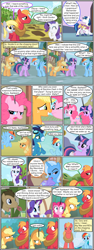 Size: 600x1592 | Tagged: safe, artist:dragontrainer13, artist:newbiespud, edit, edited screencap, screencap, character:applejack, character:big mcintosh, character:derpy hooves, character:doctor whooves, character:pinkie pie, character:rainbow dash, character:rarity, character:shining armor, character:soarin', character:time turner, character:trixie, character:twilight sparkle, character:twilight sparkle (unicorn), species:earth pony, species:pegasus, species:pony, species:unicorn, comic:friendship is dragons, angry, annoyed, apple, background pony, bendy straw, bow tie, cloak, clothing, collaboration, comic, crossed arms, dialogue, drinking, eyes closed, female, food, freckles, goggles, grin, hat, looking back, looking down, looking up, male, mare, nervous, nervous grin, raised hoof, screencap comic, sitting, smiling, stallion, straw in mouth, suspicious, tree, uniform, unshorn fetlocks, wonderbolts, wonderbolts uniform, yoke
