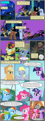 Size: 600x1592 | Tagged: safe, artist:dragontrainer13, artist:newbiespud, edit, edited screencap, screencap, character:applejack, character:carrot top, character:cherry berry, character:derpy hooves, character:golden harvest, character:pinkie pie, character:princess luna, character:rainbow dash, character:sunshower raindrops, character:twilight sparkle, character:twilight sparkle (unicorn), species:alicorn, species:earth pony, species:pegasus, species:pony, species:unicorn, comic:friendship is dragons, angry, animal costume, annoyed, background pony, bedsheet ghost, bee costume, bubble pipe, cauldron, clothing, collaboration, comic, costume, crossed arms, dancing, devil horns, dialogue, ethereal mane, eyes closed, female, galaxy mane, hat, helmet, hoof shoes, horned helmet, male, mare, night, paper bag, scared, screencap comic, shrug, smiling, spider, stallion, stars, unamused, viking helmet
