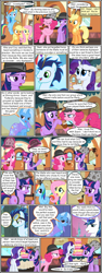 Size: 600x1592 | Tagged: safe, artist:dragontrainer13, artist:newbiespud, edit, edited screencap, screencap, character:applejack, character:fluttershy, character:pinkie pie, character:rainbow dash, character:rarity, character:shining armor, character:trixie, character:twilight sparkle, character:twilight sparkle (unicorn), species:earth pony, species:pegasus, species:pony, species:unicorn, comic:friendship is dragons, bags under eyes, bubble pipe, cake, cloak, clothing, collaboration, comic, d:, dialogue, eyes closed, female, flying, food, freckles, frown, glowing horn, grin, hat, horn, looking up, magic, male, mane six, mare, open mouth, raised hoof, screencap comic, smiling, stallion, suspicious, telekinesis, unamused, wide eyes