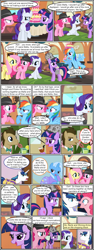 Size: 600x1592 | Tagged: safe, artist:dragontrainer13, artist:newbiespud, edit, edited screencap, screencap, character:doctor whooves, character:fluttershy, character:pinkie pie, character:rainbow dash, character:rarity, character:shining armor, character:time turner, character:trixie, character:twilight sparkle, character:twilight sparkle (unicorn), species:earth pony, species:pegasus, species:pony, species:unicorn, comic:friendship is dragons, angry, background pony, bow tie, cake, clothing, collaboration, comic, dialogue, drinking, female, flying, food, grin, hair over one eye, hat, looking up, male, mare, nervous, nervous grin, raised hoof, saddle bag, screencap comic, smiling, stallion, suspicious