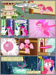 Size: 600x800 | Tagged: safe, artist:dragontrainer13, artist:newbiespud, edit, edited screencap, screencap, character:pinkie pie, character:shining armor, species:earth pony, species:pony, species:unicorn, comic:friendship is dragons, episode:too many pinkie pies, g4, my little pony: friendship is magic, blast, collaboration, comic, dialogue, eyes closed, female, magic, magic beam, magic blast, male, mare, mirror pool, screencap comic, smiling, stallion, unshorn fetlocks