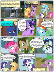 Size: 600x800 | Tagged: safe, artist:dragontrainer13, artist:newbiespud, edit, edited screencap, screencap, character:applejack, character:doctor whooves, character:fluttershy, character:pinkie pie, character:princess luna, character:rainbow dash, character:rarity, character:soarin', character:spike, character:time turner, character:twilight sparkle, character:twilight sparkle (unicorn), species:alicorn, species:dragon, species:earth pony, species:pegasus, species:pony, species:unicorn, comic:friendship is dragons, annoyed, background pony, bendy straw, bow tie, cage, clothing, collaboration, comic, dialogue, drinking, ethereal mane, eyes closed, female, frown, galaxy mane, glowing horn, goggles, grin, hat, horn, magic, male, mane seven, mane six, mare, raised hoof, sad, screencap comic, slit eyes, smiling, stallion, telekinesis, thinking, thumbs up, unamused