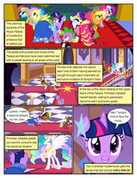 Size: 612x792 | Tagged: safe, artist:newbiespud, edit, edited screencap, screencap, character:applejack, character:fluttershy, character:pinkie pie, character:princess celestia, character:rainbow dash, character:rarity, character:spike, character:twilight sparkle, character:twilight sparkle (unicorn), species:alicorn, species:earth pony, species:pegasus, species:pony, species:unicorn, comic:friendship is dragons, episode:the best night ever, g4, my little pony: friendship is magic, background pony, clothing, comic, dialogue, dress, ethereal mane, eyes closed, female, freckles, gala dress, grin, hat, hoof shoes, looking up, male, mane seven, mane six, mare, monocle, raised hoof, saddle bag, screencap comic, smiling, stallion, suit, top hat, unshorn fetlocks